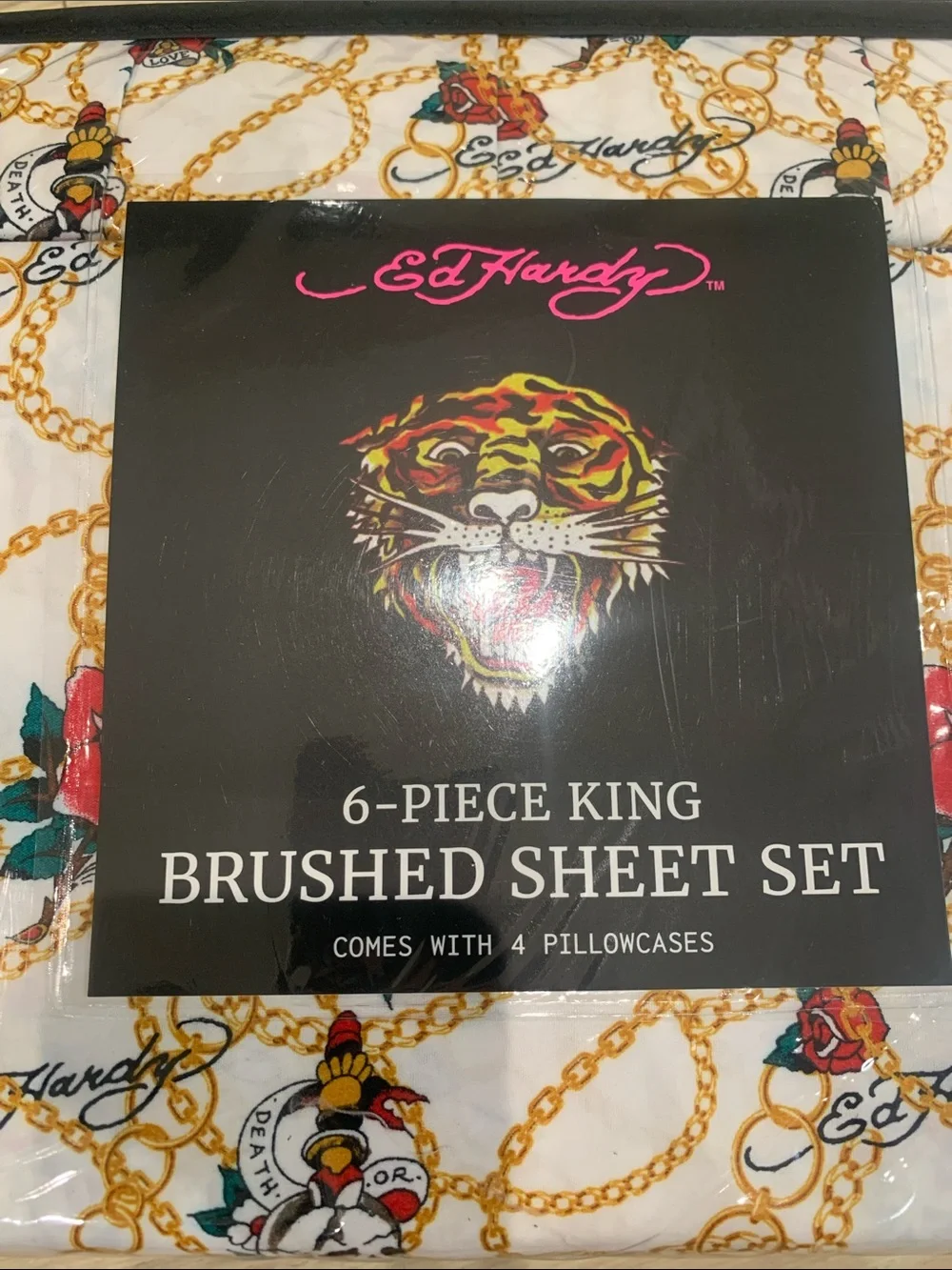 Ed Hardy KING sized White Sheet Set with Red Roses & Gold Chain Motif